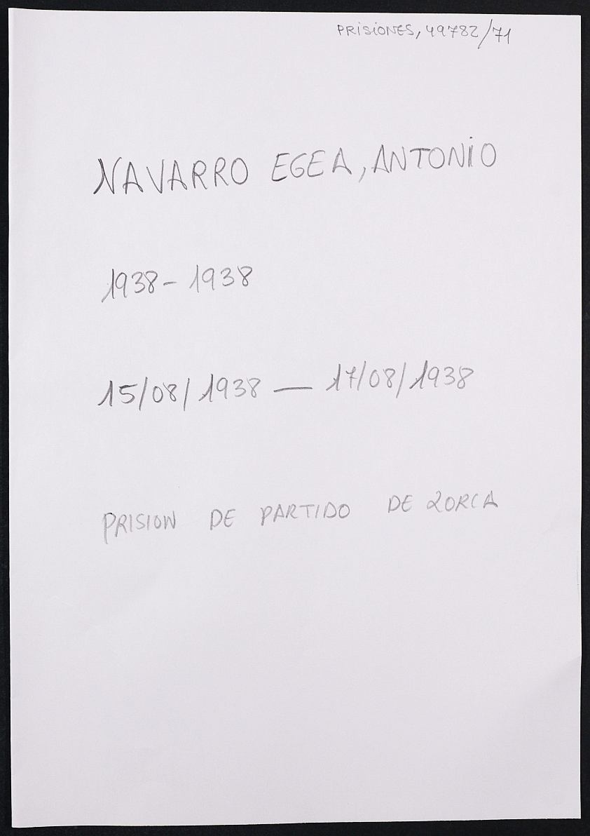 Expediente personal del recluso Antonio Navarro Egea