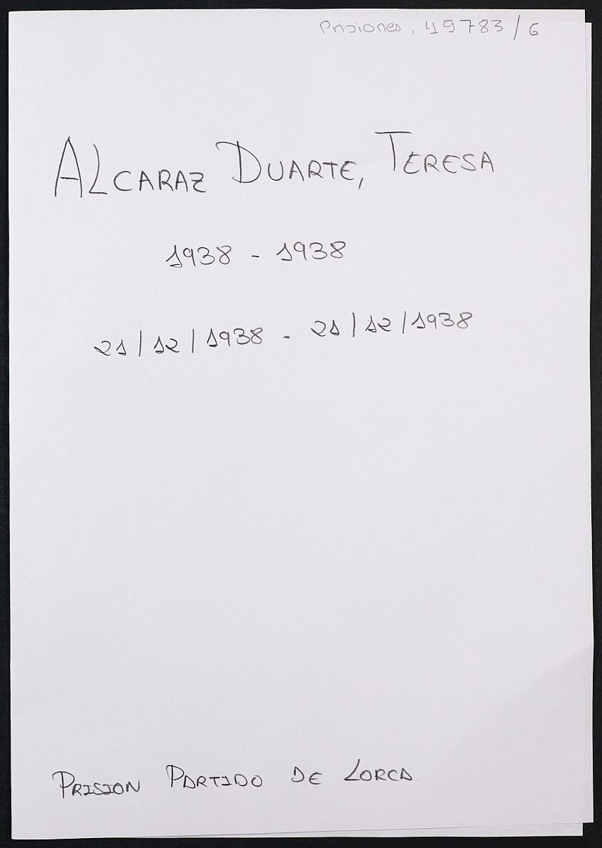 Expediente personal de la reclusa Teresa Alcaraz Duarte