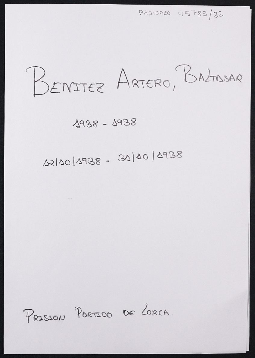 Expediente personal del recluso Baltasar Benitez Artero