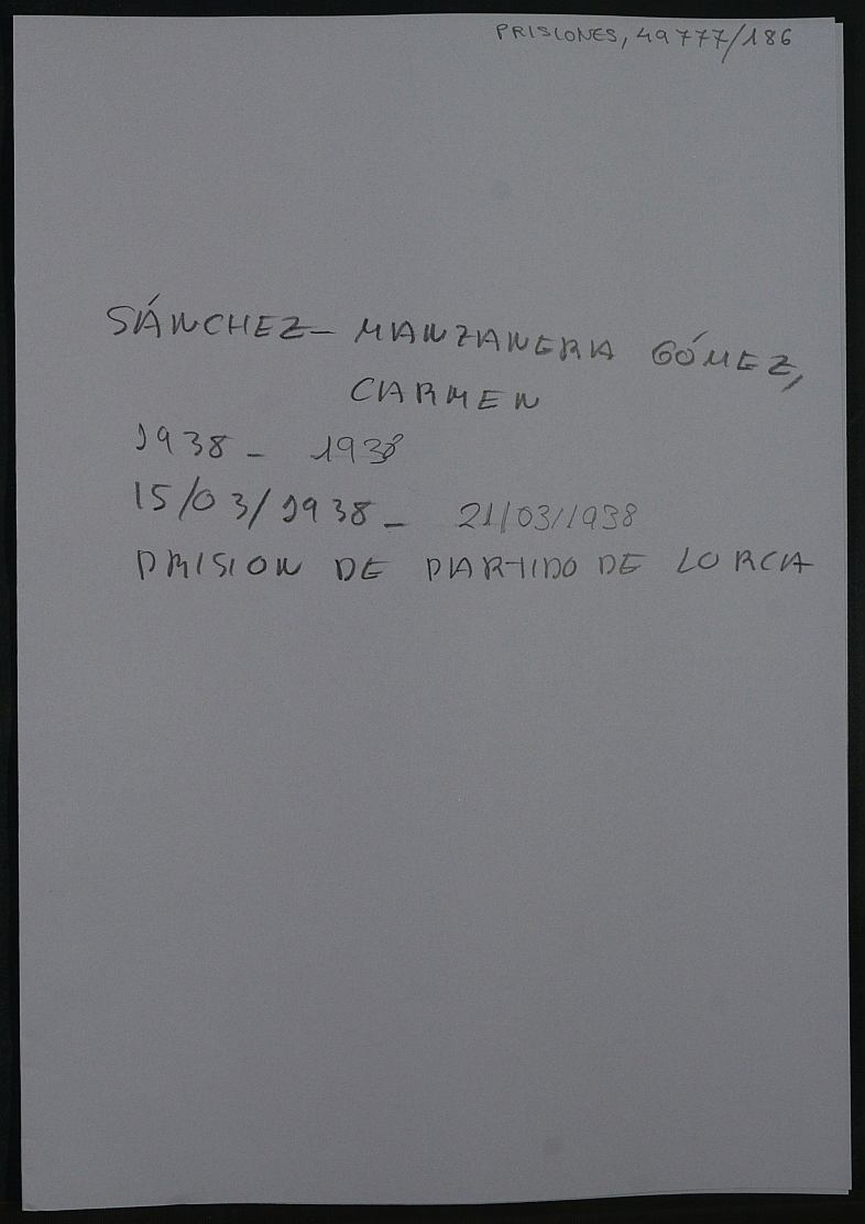 Expediente personal de la reclusa Carmen Sánchez-Manzanera Gómez