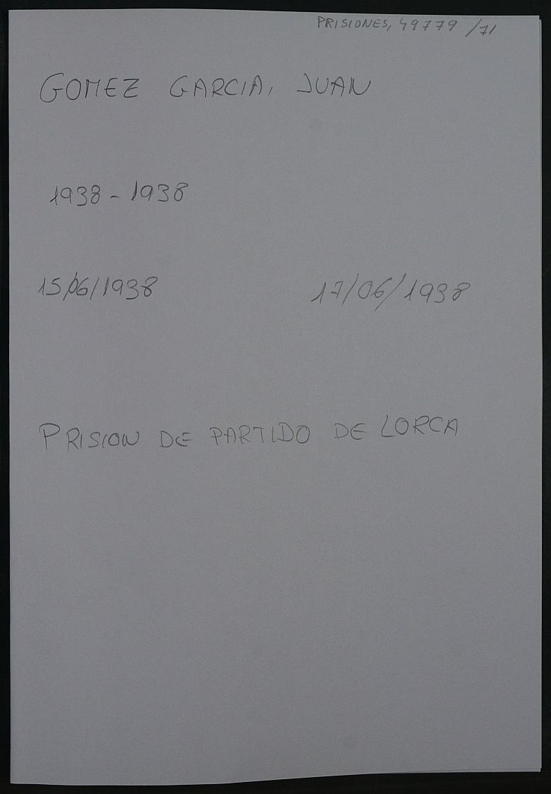 Expediente personal del recluso Juan Gómez García