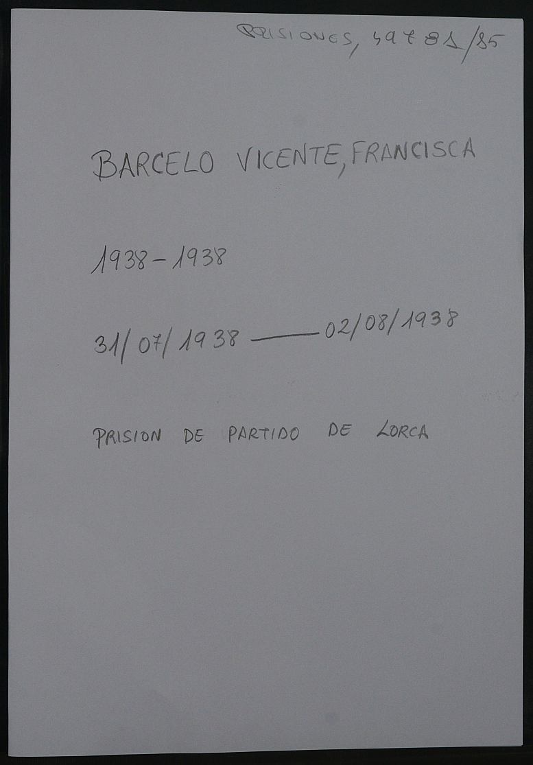 Expediente personal de la reclusa Francisca Barceló Vicente