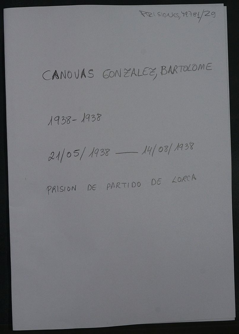 Expediente personal del recluso Bartolomé Cánovas González