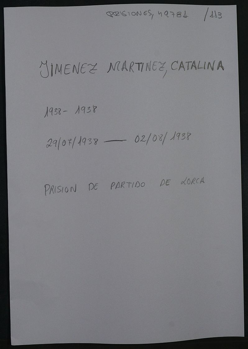 Expediente personal de la reclusa Catalina Jiménez Martínez