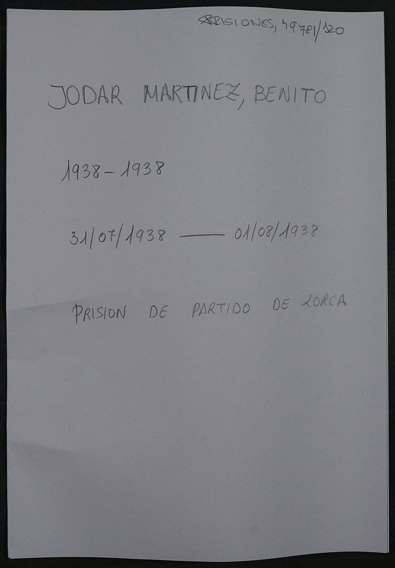 Expediente personal del recluso Benito Jodar Martínez