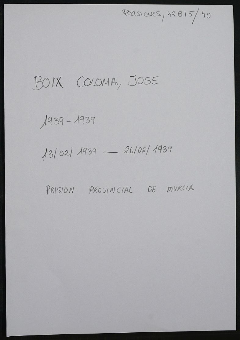 Expediente personal del recluso José Boix Coloma