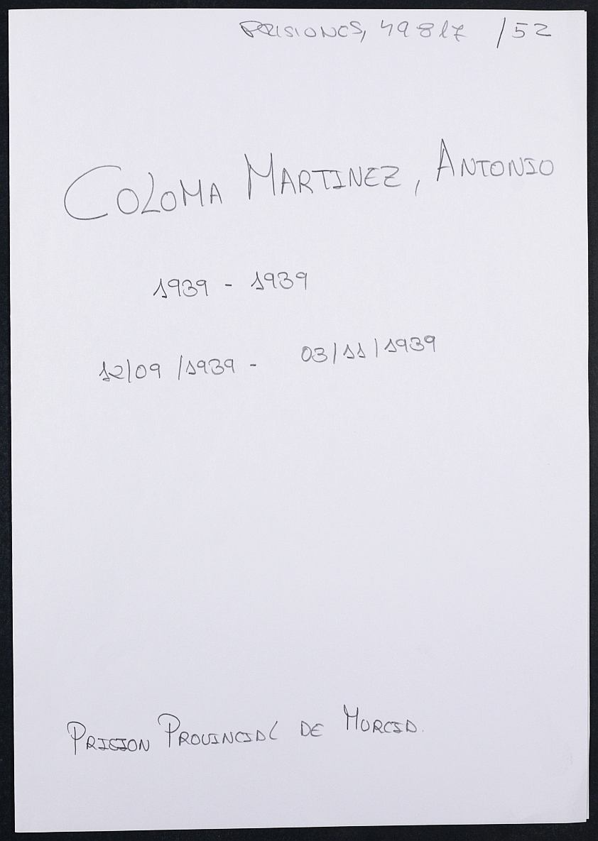 Expediente personal del recluso Antonio Coloma Martínez