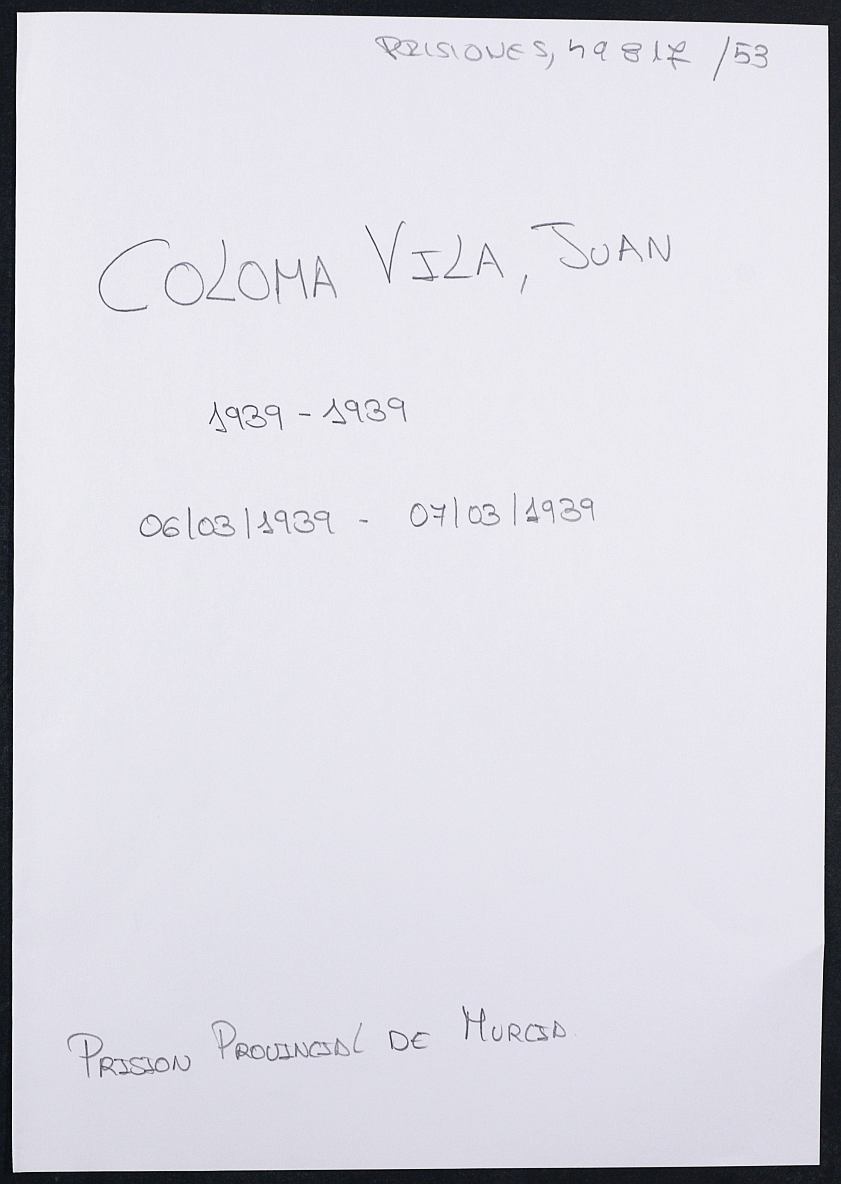 Expediente personal del recluso Juan Coloma Vila