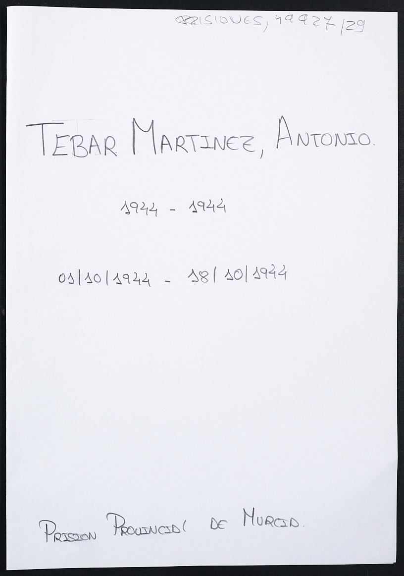 Expediente personal del recluso Antonio Tebar Martínez
