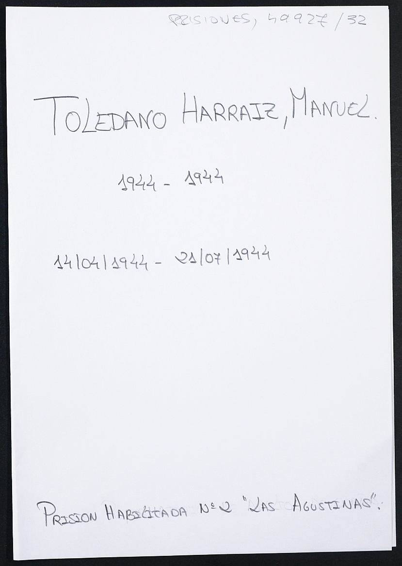 Expediente personal del recluso Manuel Toledano Harraiz