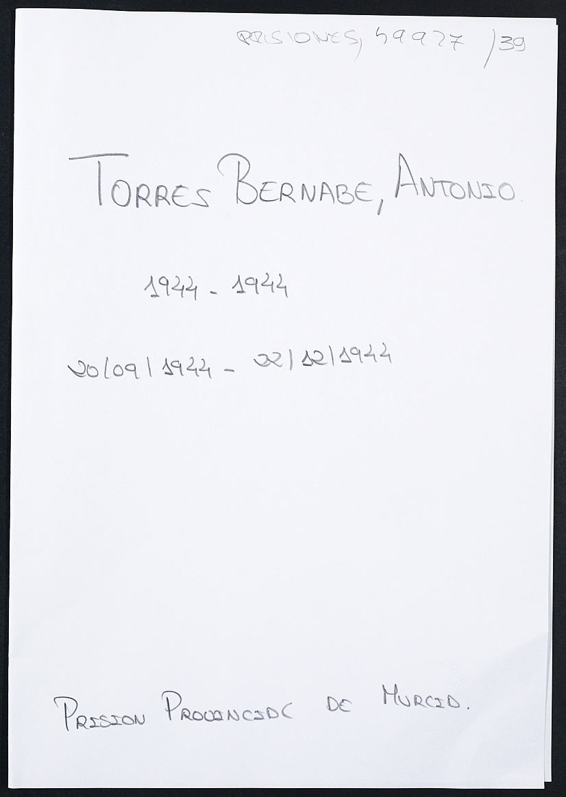 Expediente personal del recluso Antonio Torres Bernabe