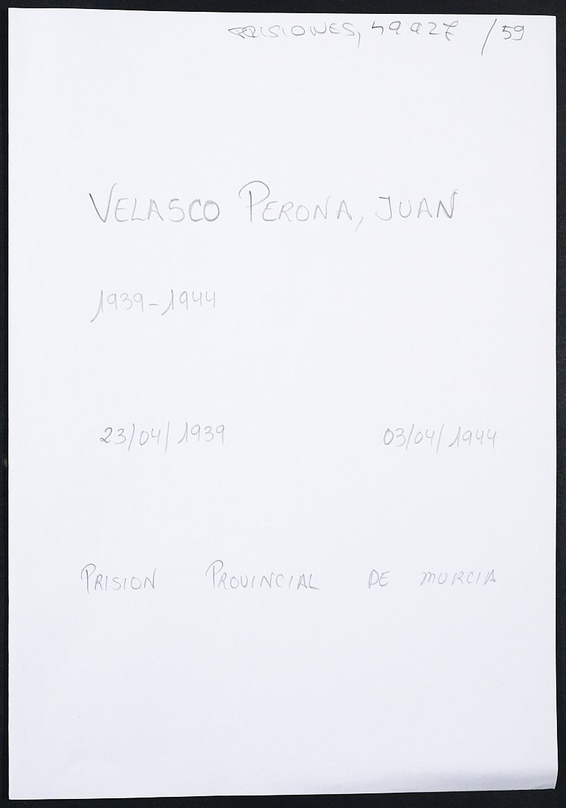 Expediente personal del recluso Juan Velasco Perona