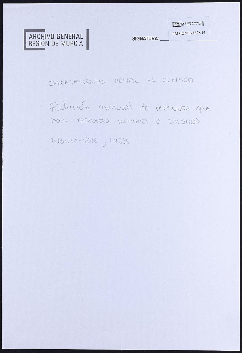 Relación nominal por concepto de alimentación de los reclusos del Destacamento penal de El Cenajo correspondiente al mes de noviembre. Año 1953.