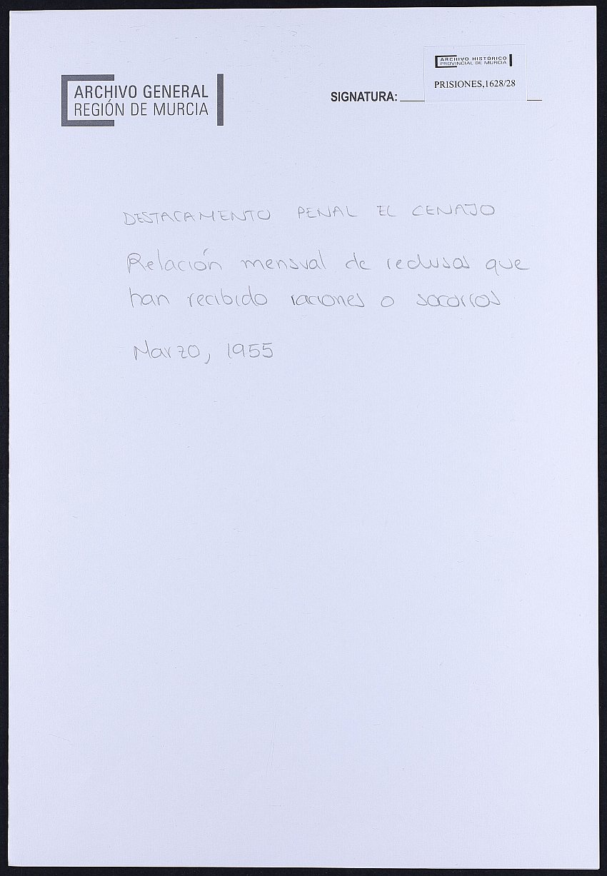 Relación nominal por concepto de alimentación de los reclusos del Destacamento penal de El Cenajo correspondiente al mes de marzo. Año 1955.