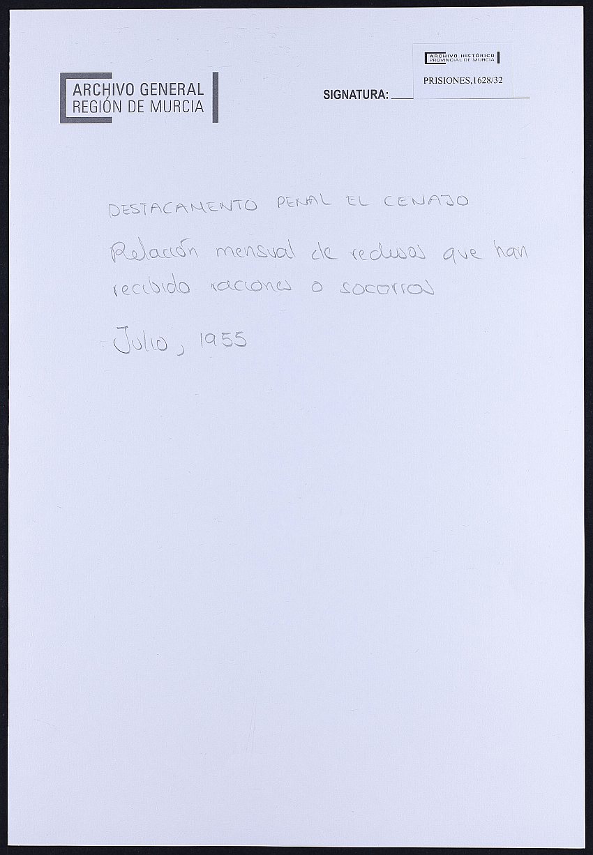 Relación nominal por concepto de alimentación de los reclusos del Destacamento penal de El Cenajo correspondiente al mes de julio. Año 1955.