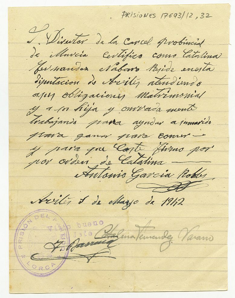 Carta-infome de Antonio García Robles, en nombre de Catalina Fernández Navarro, en situación de libertad condicional, explicando sus circunstancias actuales