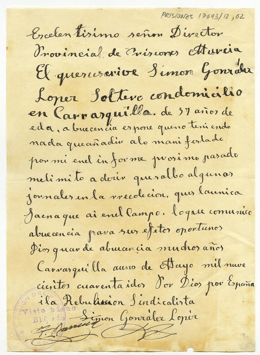 Carta-informe de Simón González López, en situación de libertad condicional, explicando sus circunstancias actuales