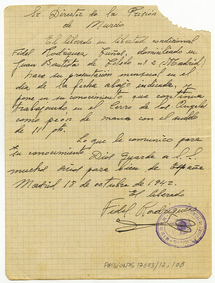 Carta-informe de Fidel Rodríguez Tunas, en situación de libertad condicional, explicando sus circunstancias actuales