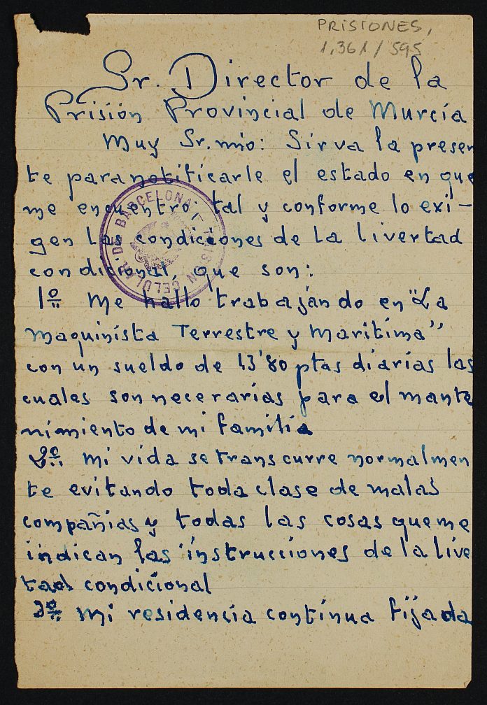 Carta-informe de Jesús Mateo Pérez-Castejón, en situación de libertad condicional, explicando sus circunstancias actuales.