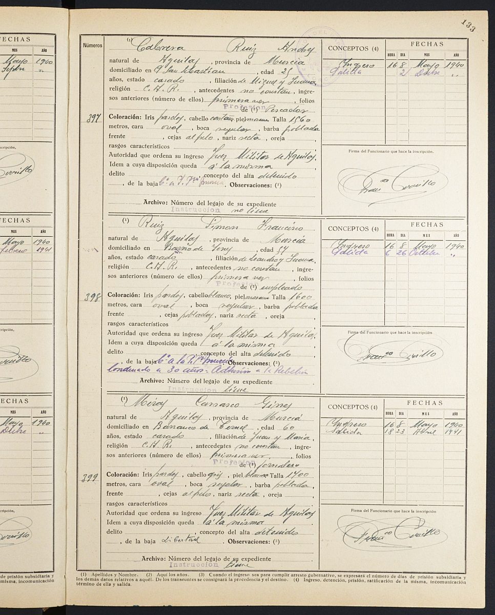 Registro de entrada y salida de presos de la Prisión de Partido de Lorca, de 1939-1940.