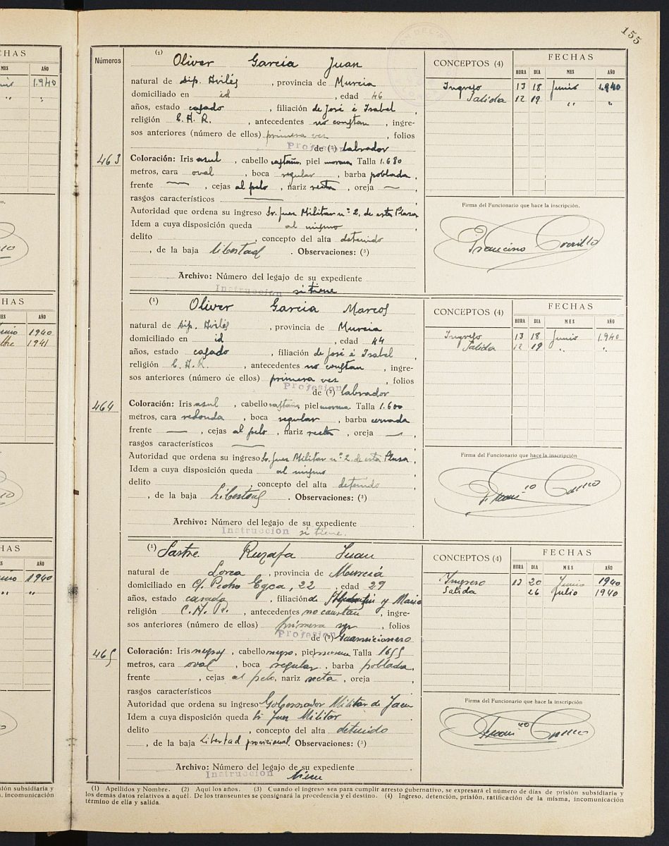 Registro de entrada y salida de presos de la Prisión de Partido de Lorca, de 1939-1940.