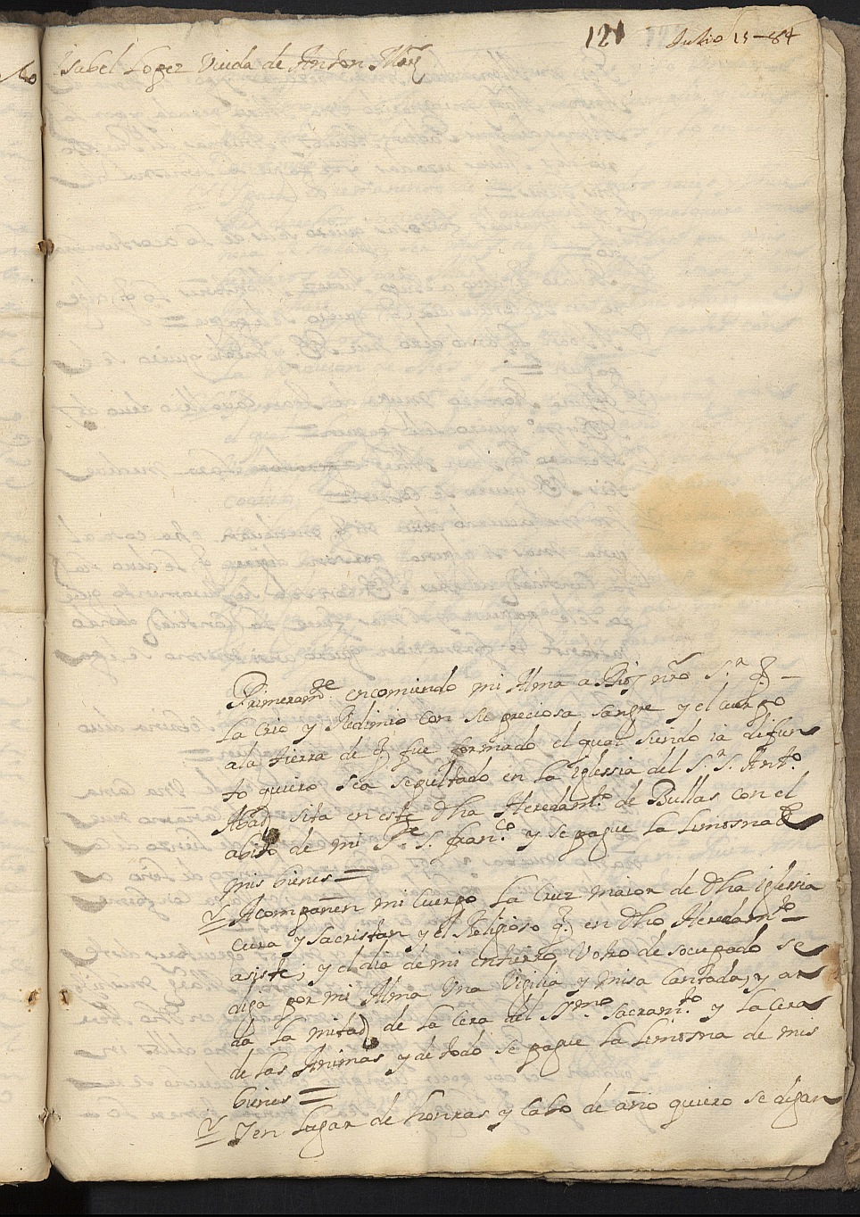 Testamento de Isabel López, viuda de Antón Martínez, residente en el cortijo de Bullas.