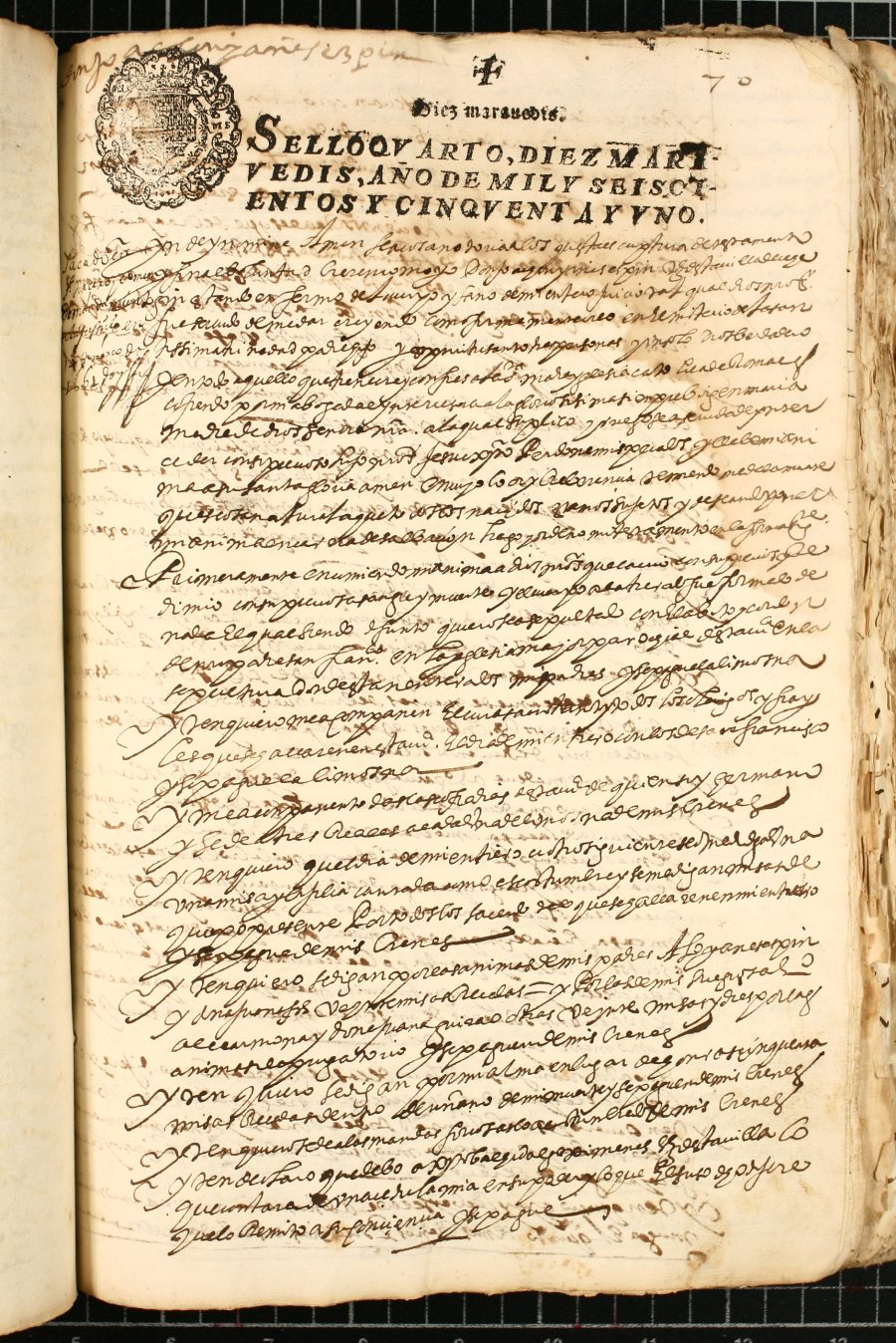 Testamento de Joaquín Yáñez Espín, marido de Mariana Carmena, vecino de Cehegín.