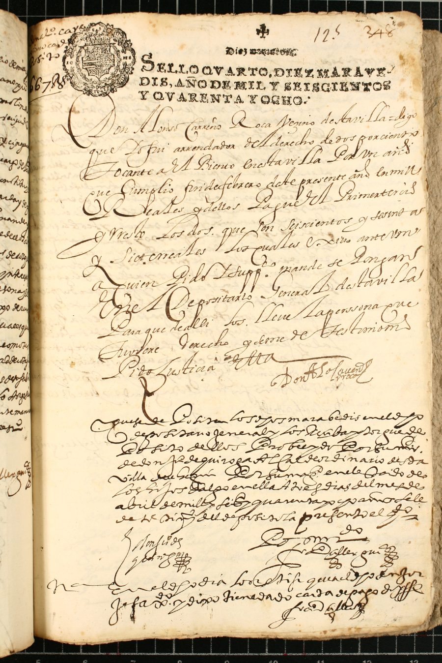 Depósito realizado por Alonso Carreño Roca, vecino de Cehegín y arrendador del derecho del 2% del viento durante un año que cumplió en febrero de 1648, al depositario general.