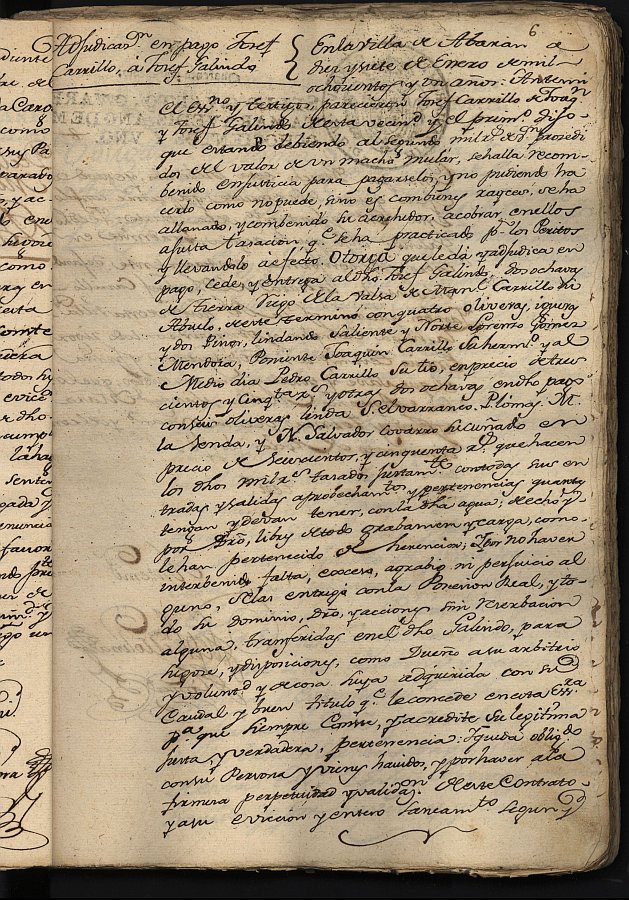 Adjudicación de José Carrillo de Joaquín de dos fincas de tierra en pago de una deuda de 1.000 reales de vellón a favor de José Galindo, vecinos de Abarán.
