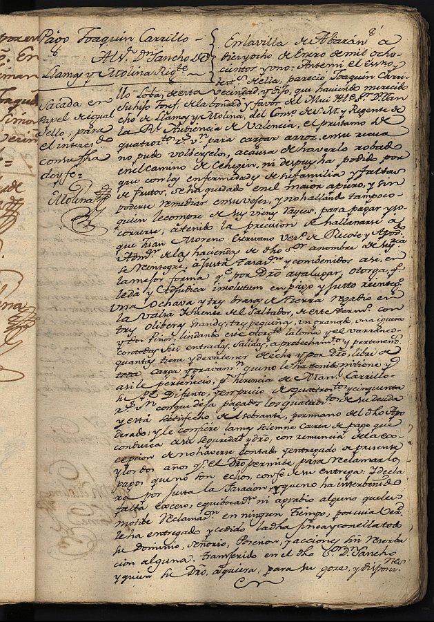 Carta de Pago de Joaquín Carrillo Loba, vecino de Abarán, a favor de Sancho de Llamas y Molina, del Consejo de su Majestad y Regente de la Real Audiencia de Valencia.