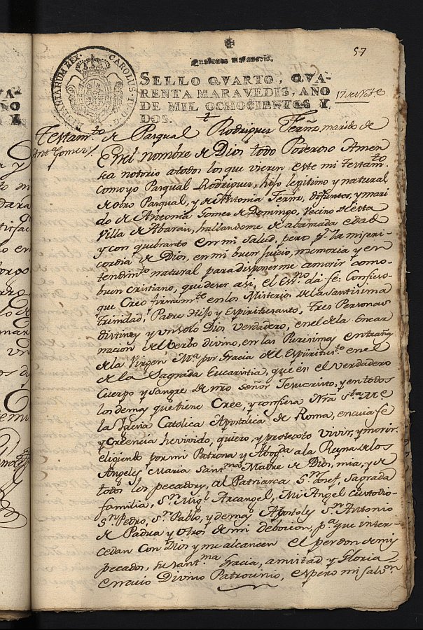 Testamento de Pascual Rodríguez Fernández, marido de Antonia Gómez de Domingo, vecinos de Abarán.