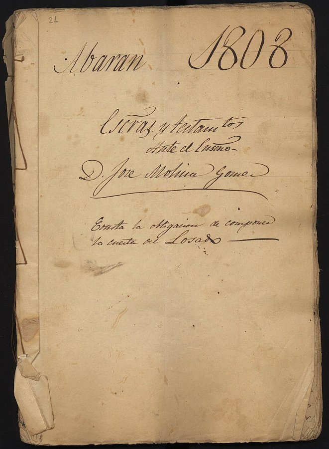 Portada del registro de José Molina Gómez correspondiente al año 1808.