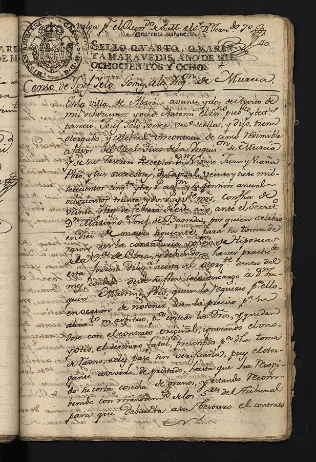 Escritura de censo de José Yelo Gómez a favor del Real Fisco de la Inquisición de Murcia.