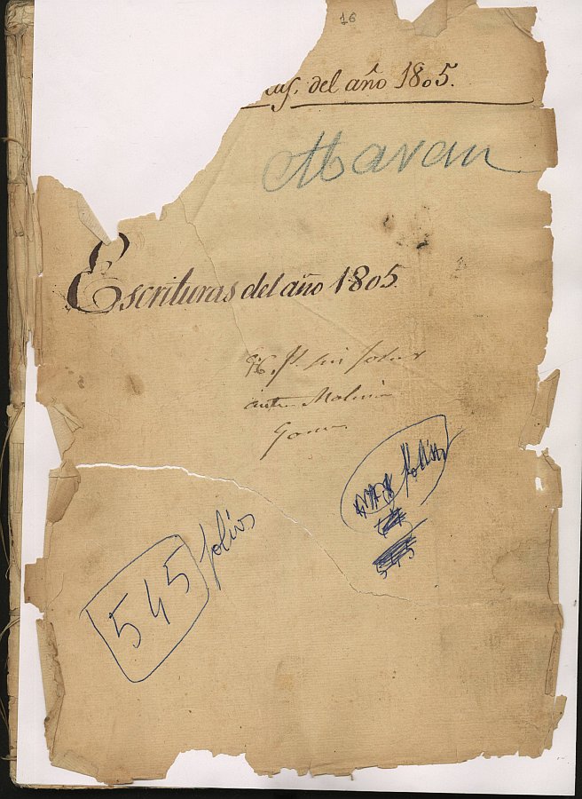 Portada del registro de José Molina Gómez correspondiente al año 1805.