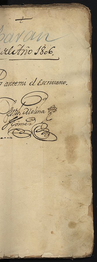 Portada del registro de escrituras del año 1806 otorgadas ante José Molina Gómez.