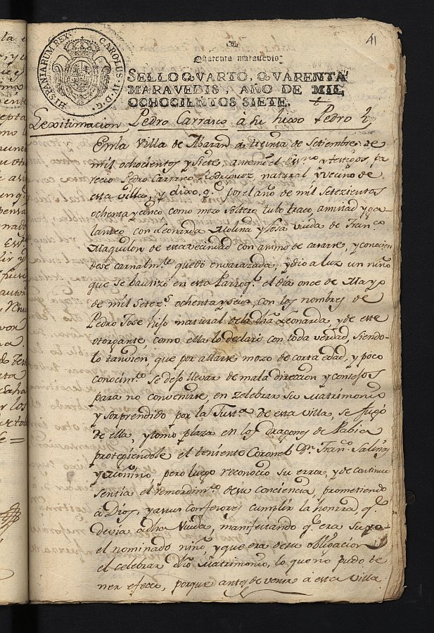 Escritura de legitimación de paternidad de Pedro Carrasco Rodríguez, vecino de Abarán, de Pedro José Carrasco, hijo de Leonarda Molina Losa, difunta.