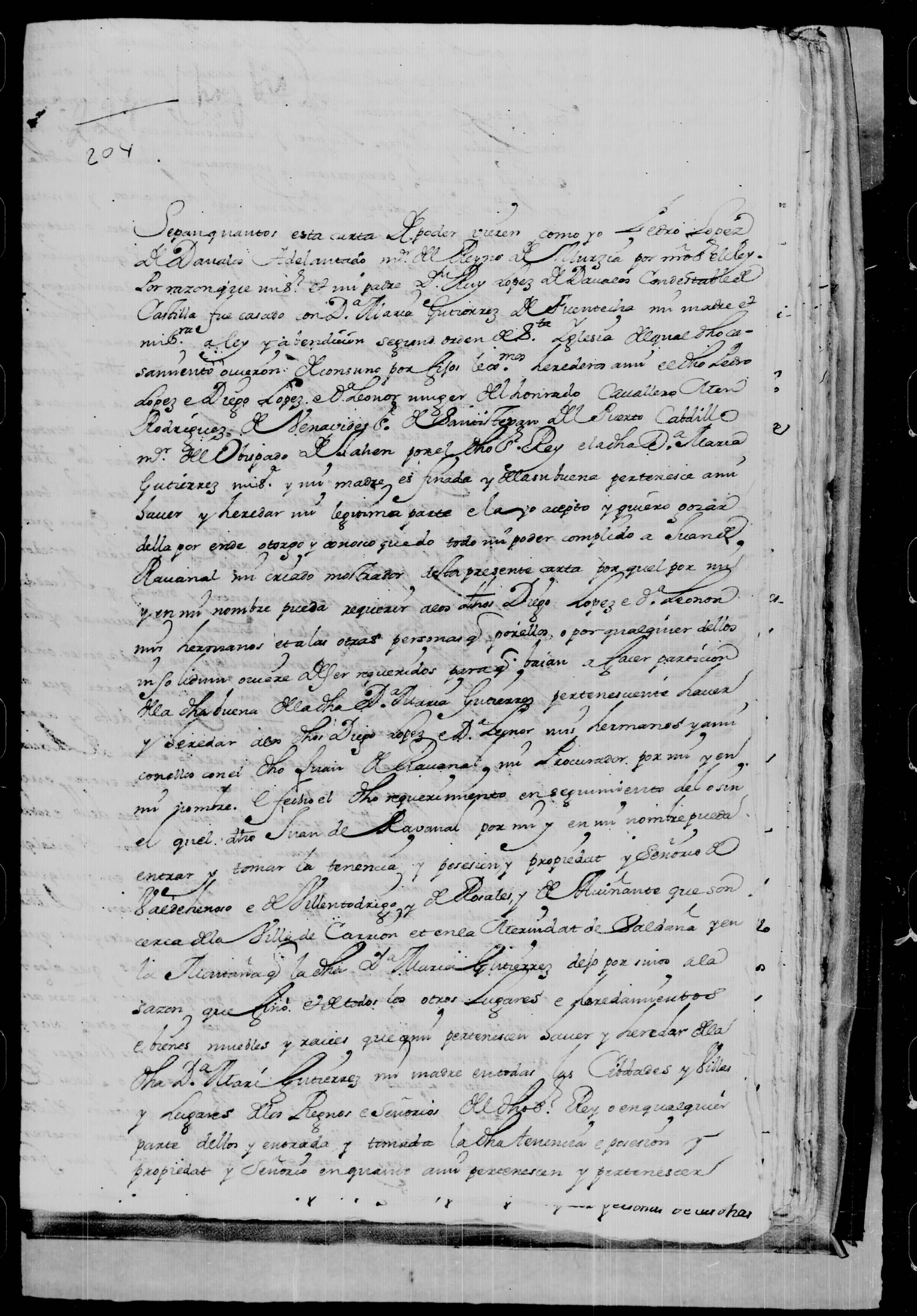 Escritura de poder otorgada por Pedro López Dávalos, adelantado de Murcia, a favor Juan de Ravanel, para la participación de los bienes de su madre. 