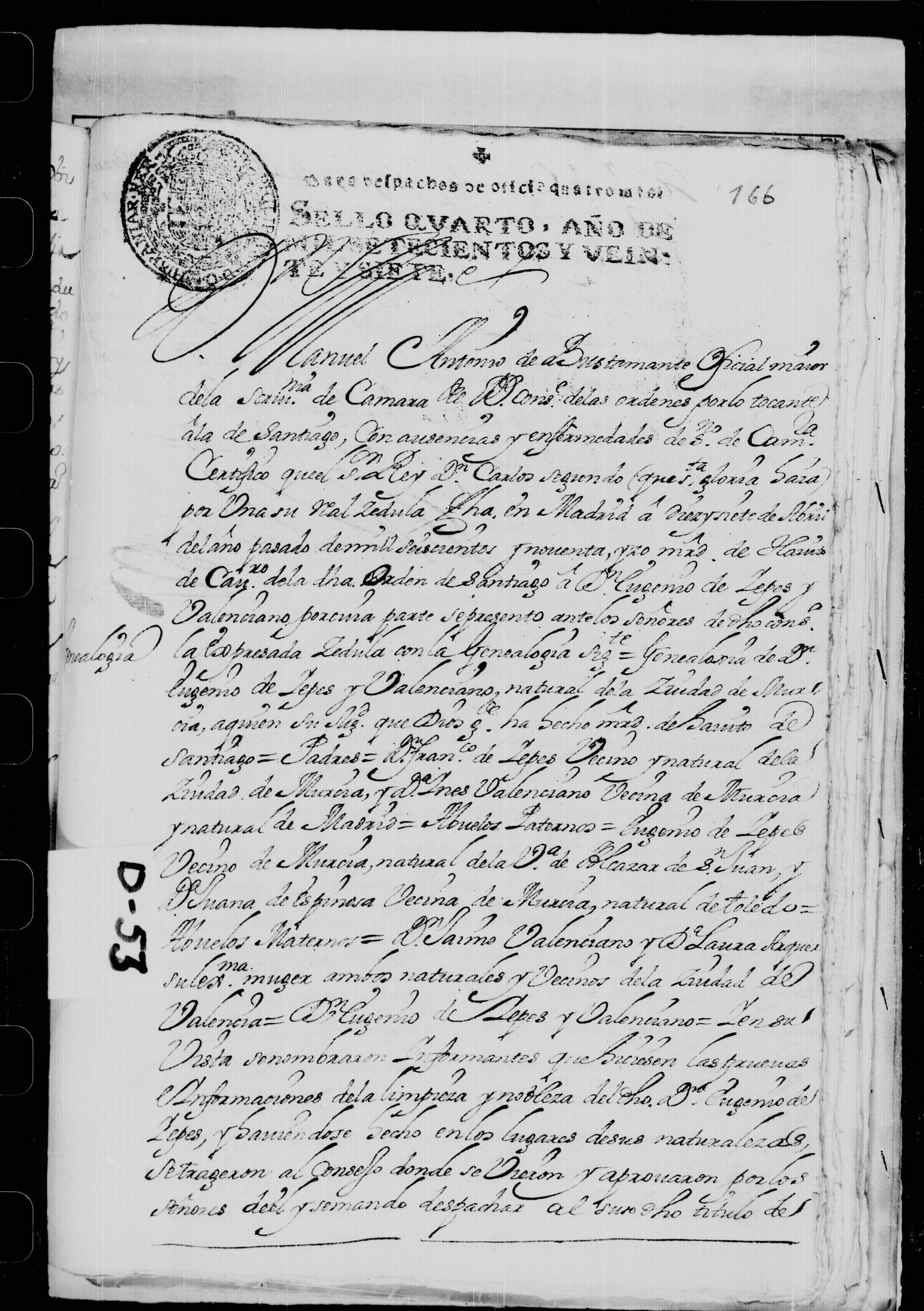 Certificación de la genealogía de Eugenio de Yepes y Valenciano, natural de Murcia, presentada para su ingreso en la Orden de Santiago, en 1690.