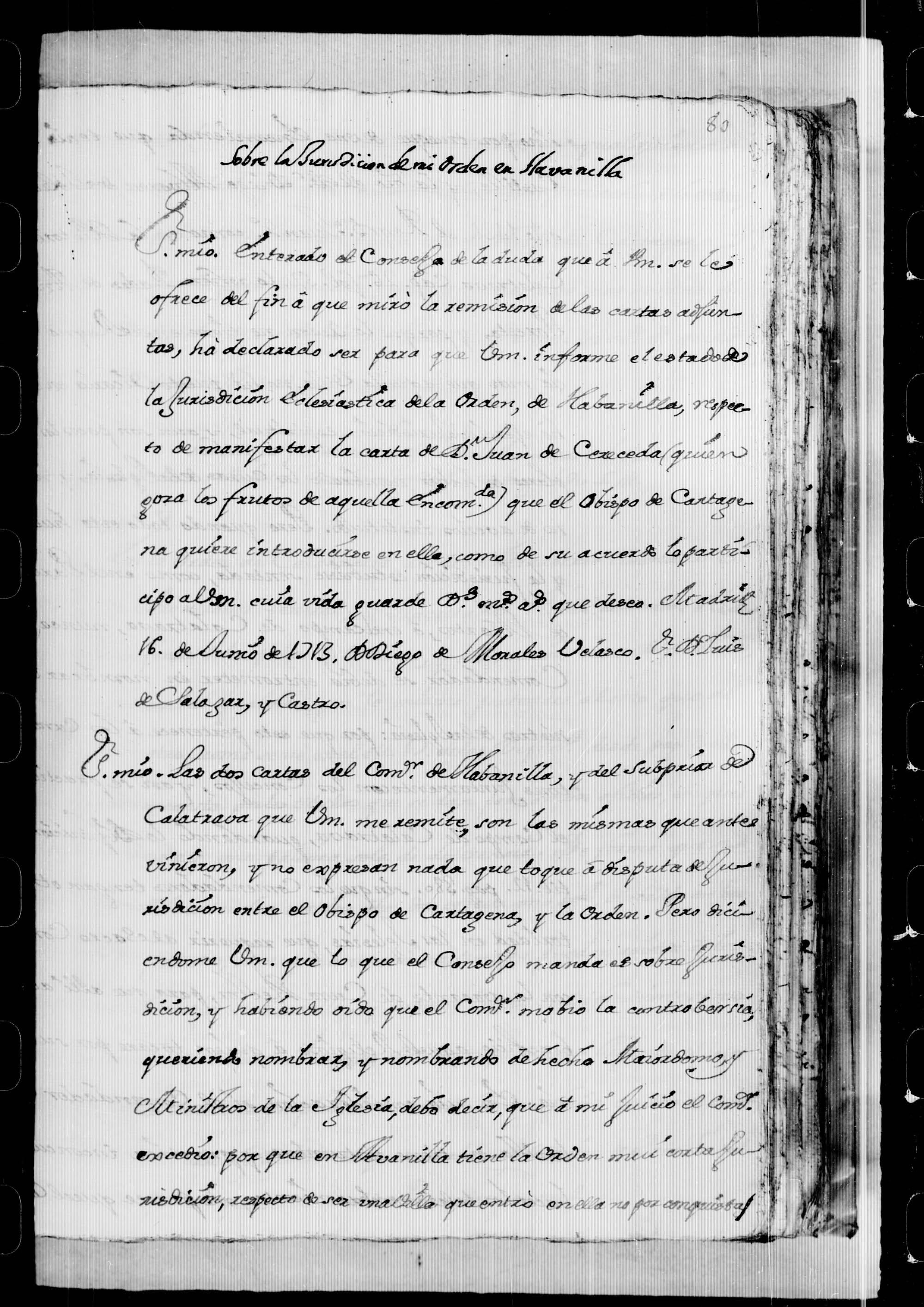 Carta de Diego de Morales y Velasco a Luis de Salazar, rogándole imforme sobre la jurisdicción eclesiástica de la Orden de Calatrava en la villa de Abanilla.