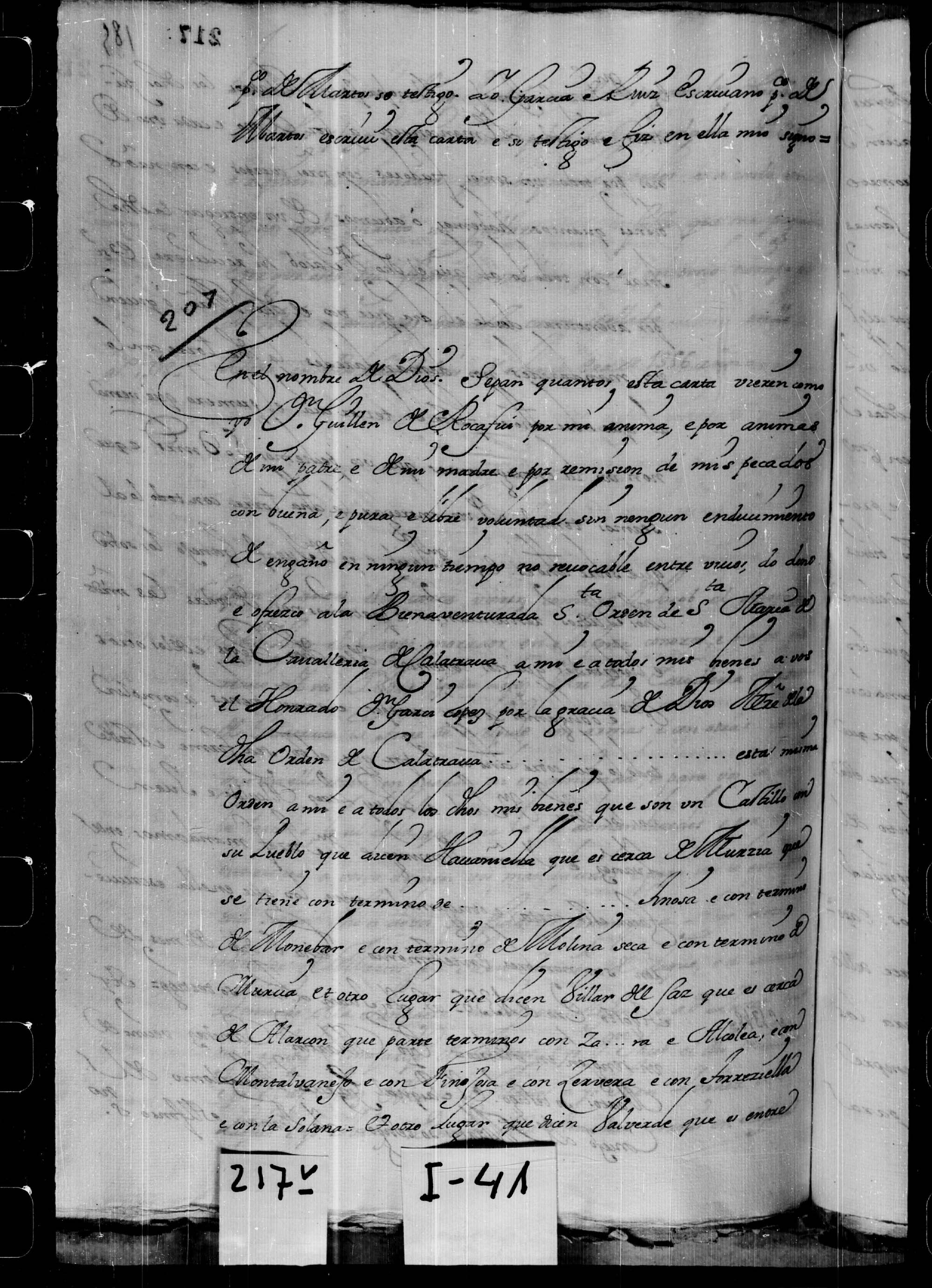 Carta de donación de Abanilla y otros lugares, hecha por Guillén de Rocafull a la Orden de Calatrava.