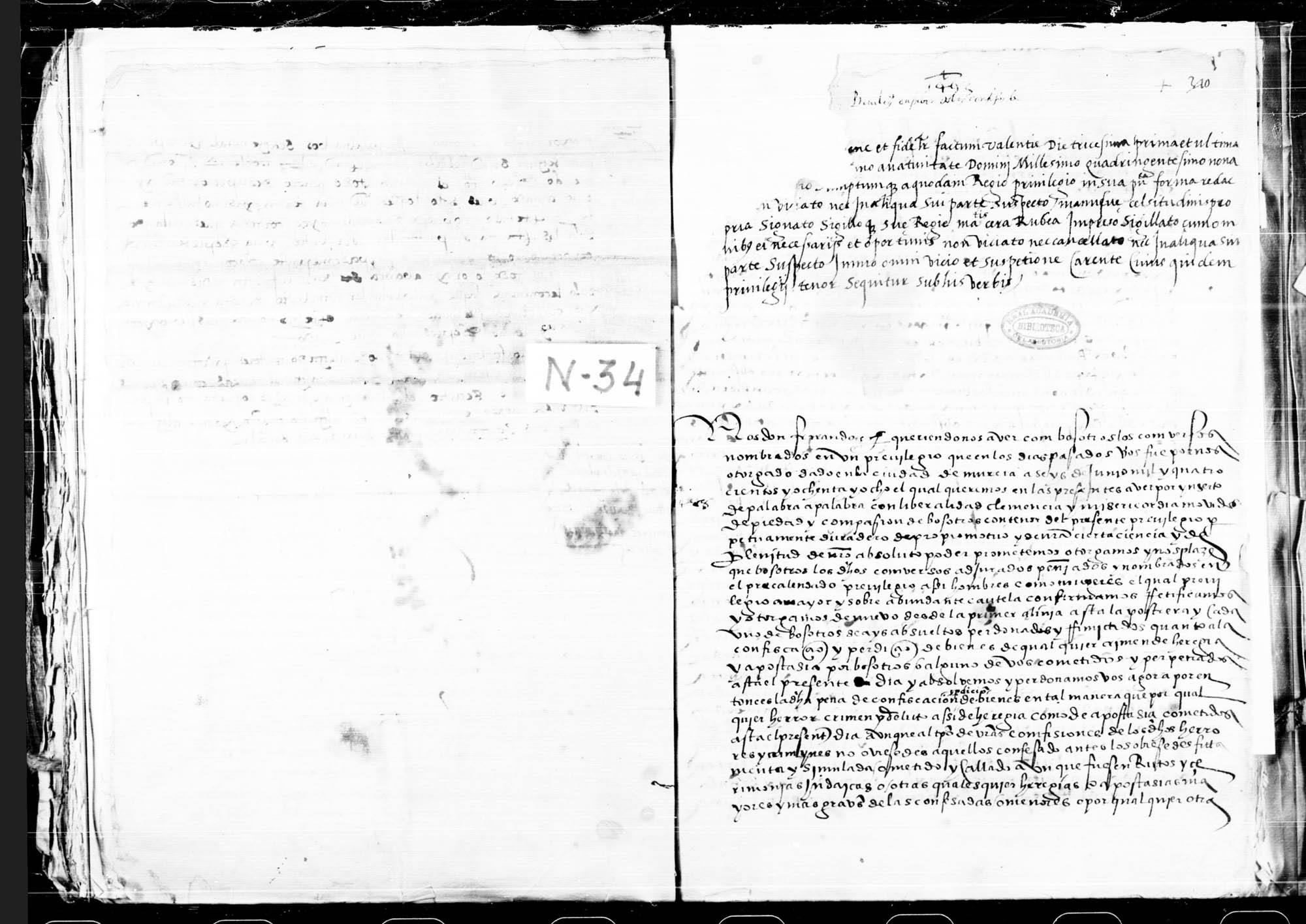 Privilegio del rey Fernando V, en el que confirma otro dado en Murcia el año de 1488 a favor de los conversos.