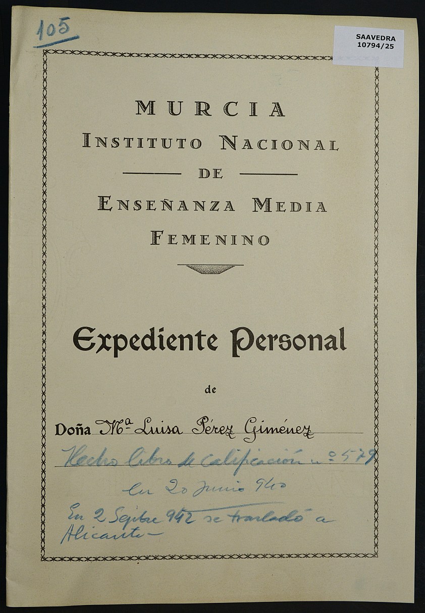 Expediente académico nº 105: María Luisa Pérez Giménez.