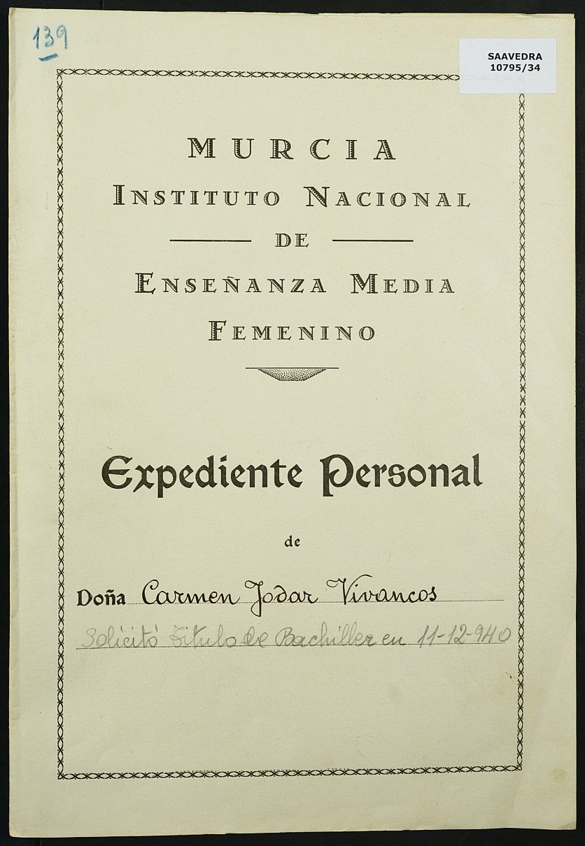 Expediente académico nº 139: Carmen Jodar Vivancos.
