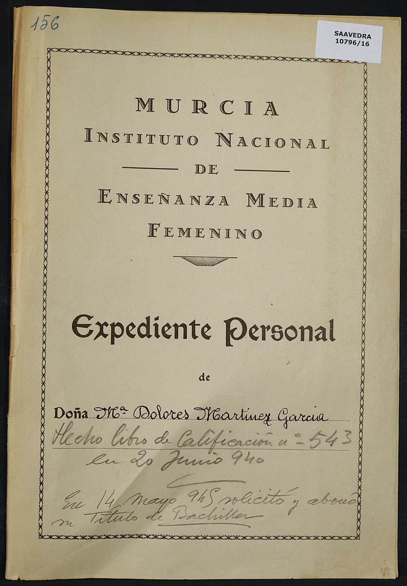 Expediente académico nº 156: María Dolores Martínez García.