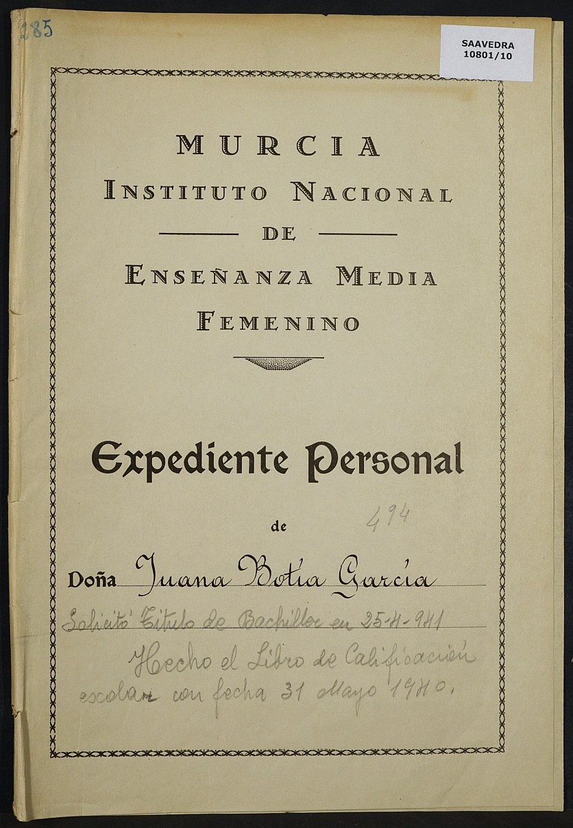 Expediente académico nº 285: Juana Botía García.