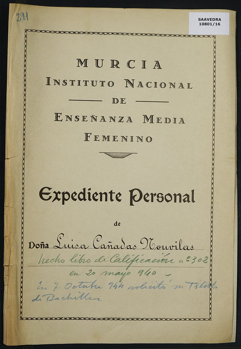 Expediente académico nº 291: Luisa Cañadas Nonvilas.