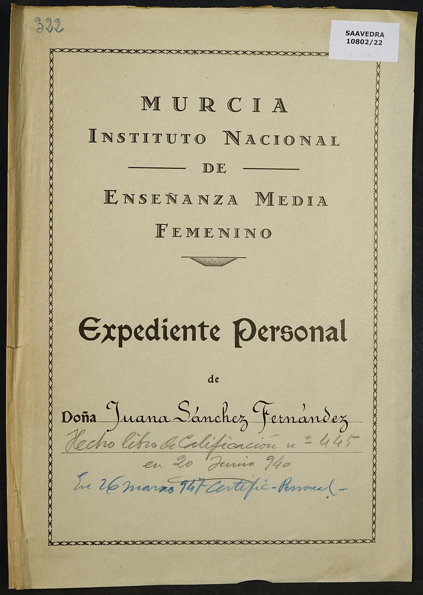 Expediente académico nº 322: Juana Sánchez Fernández.