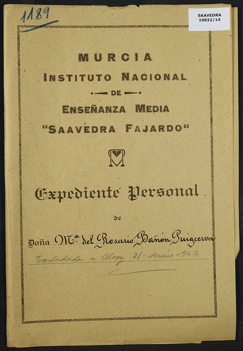 Expediente académico nº 1189: María del Rosario Bañón Puigcerver.