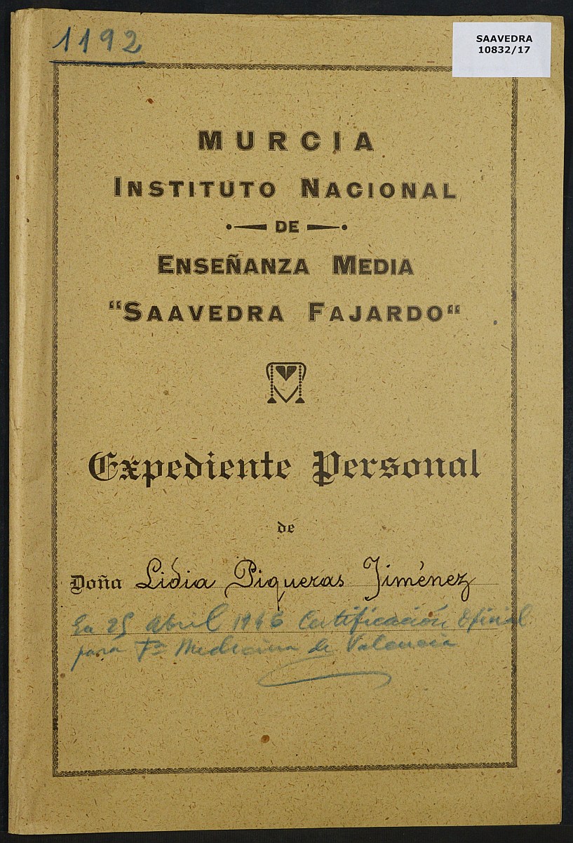 Expediente académico nº 1192: Lidia Piqueras Jiménez.