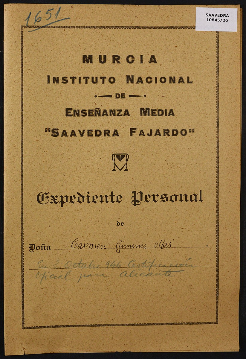 Expediente académico nº 1651: Carmen Giménez Mas.